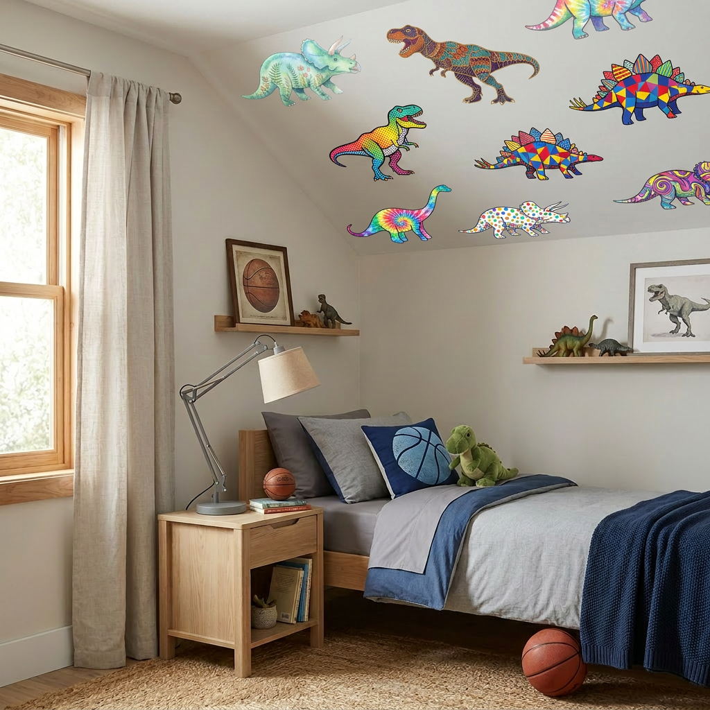 Child's bedroom with dinosaur toys, dinosaur ceiling decals, basketball pillows, and basketballs