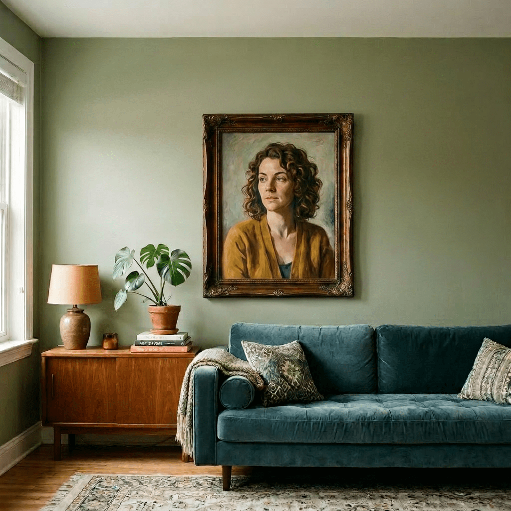 Gallery wall with framed paintings, botanical prints, and photographs above teal sofa
