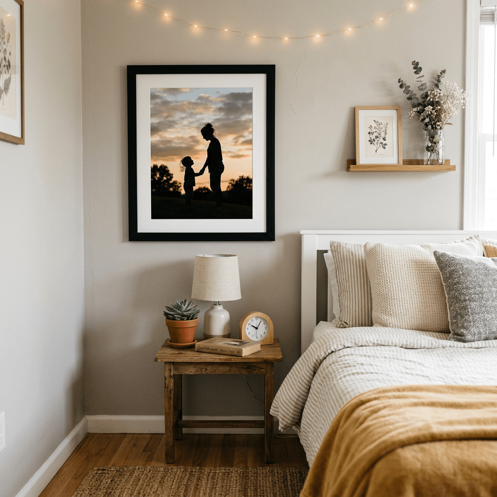 Bedroom with a framed photo of a parent and child holding hands at sunset on the wall