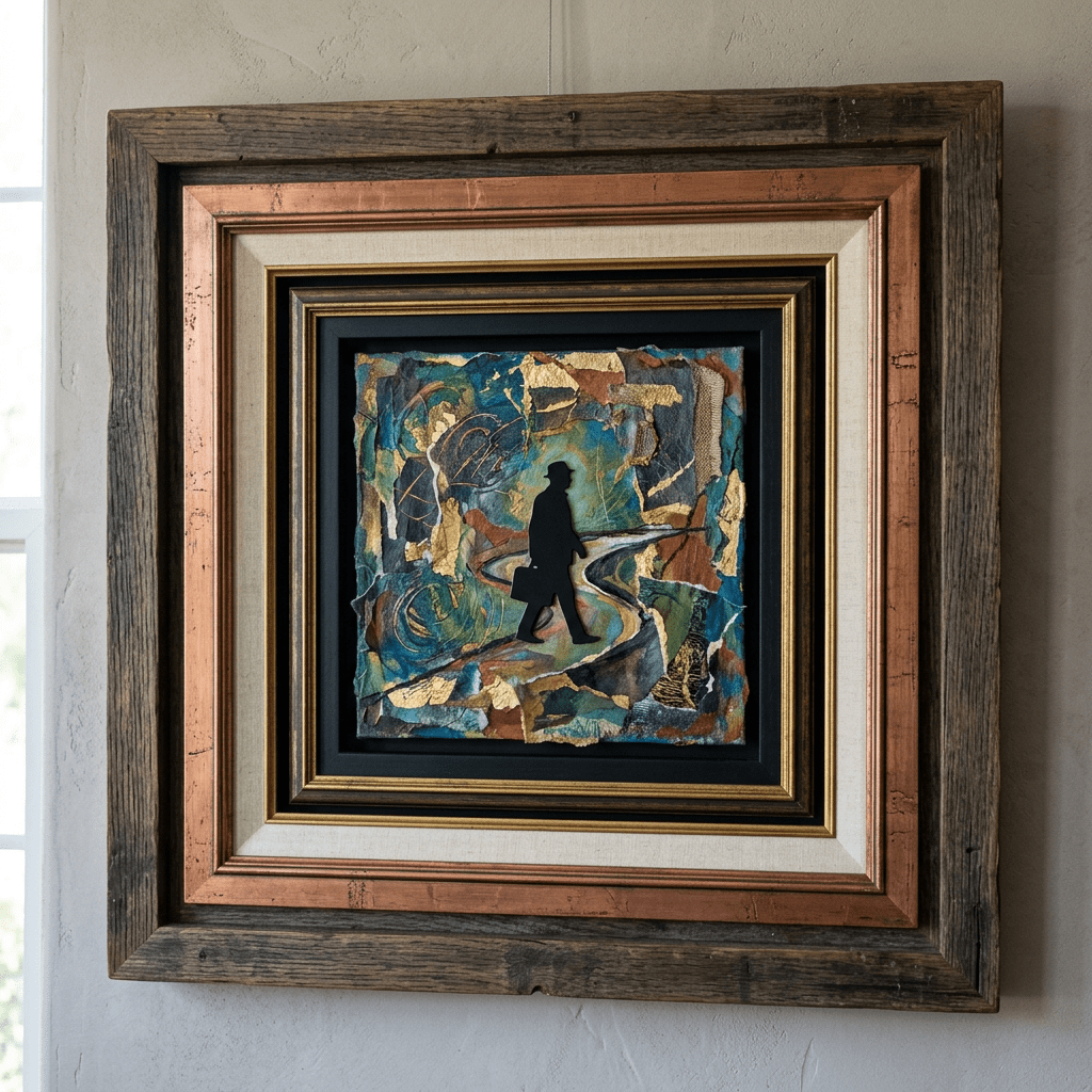 Silhouette of a person carrying a briefcase walking on an abstract colorful background in a multi-layered frame