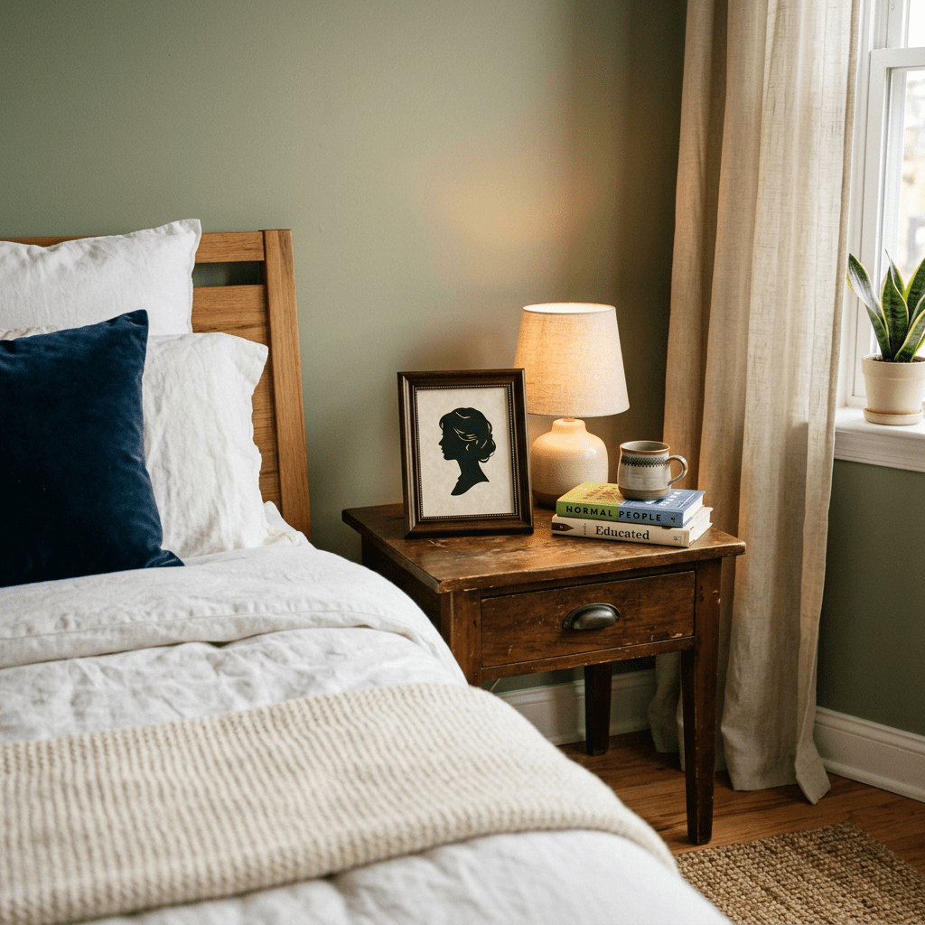 Wooden bed next to nightstand with lamp, stacked books titled Normal People and Educated, framed silhouette art, and a coffee mug