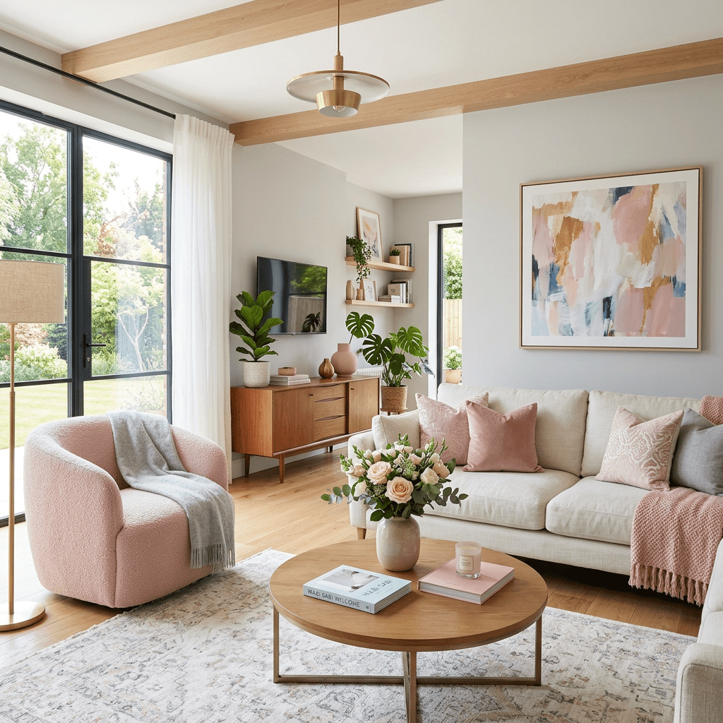 Living room with beige sofa, pink armchair, wooden coffee table, and large windows