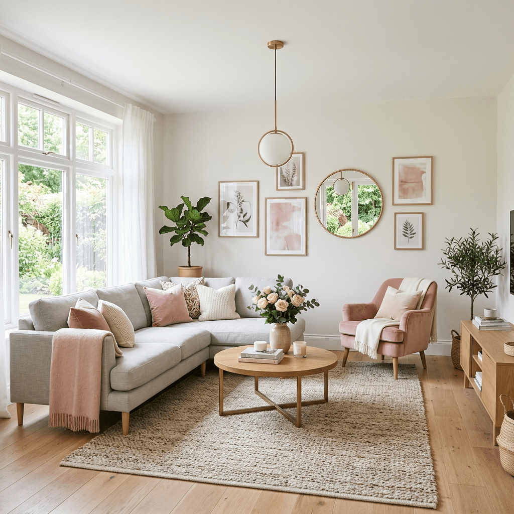 Bright living room with light grey sofa, pink armchair, round wooden coffee table, and wall art