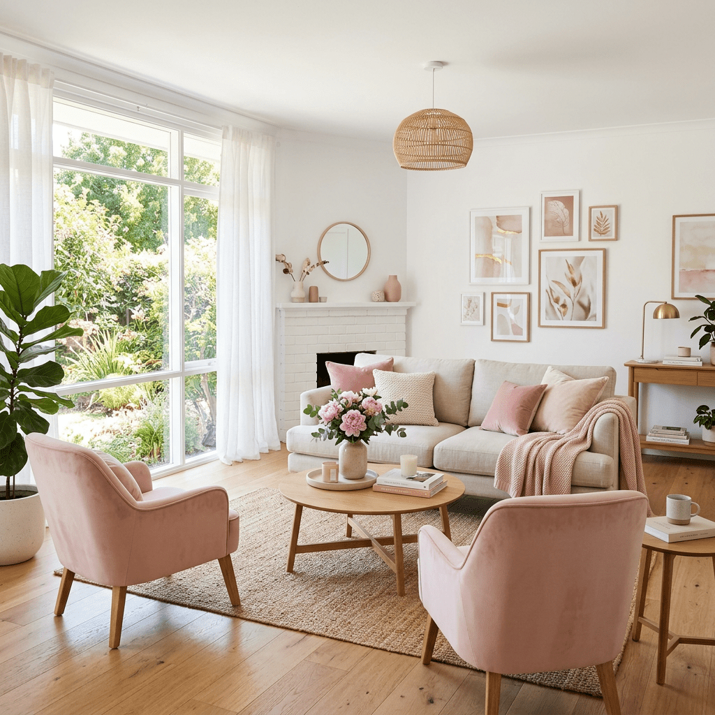 Living room with beige sofa, pink armchairs, wooden coffee table, and wall art
