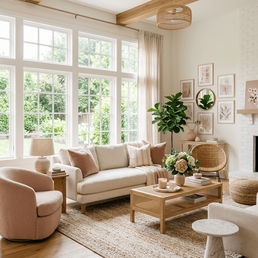 Living room with beige sofa, pastel pink armchair, wooden coffee table, plants, and large grid windows