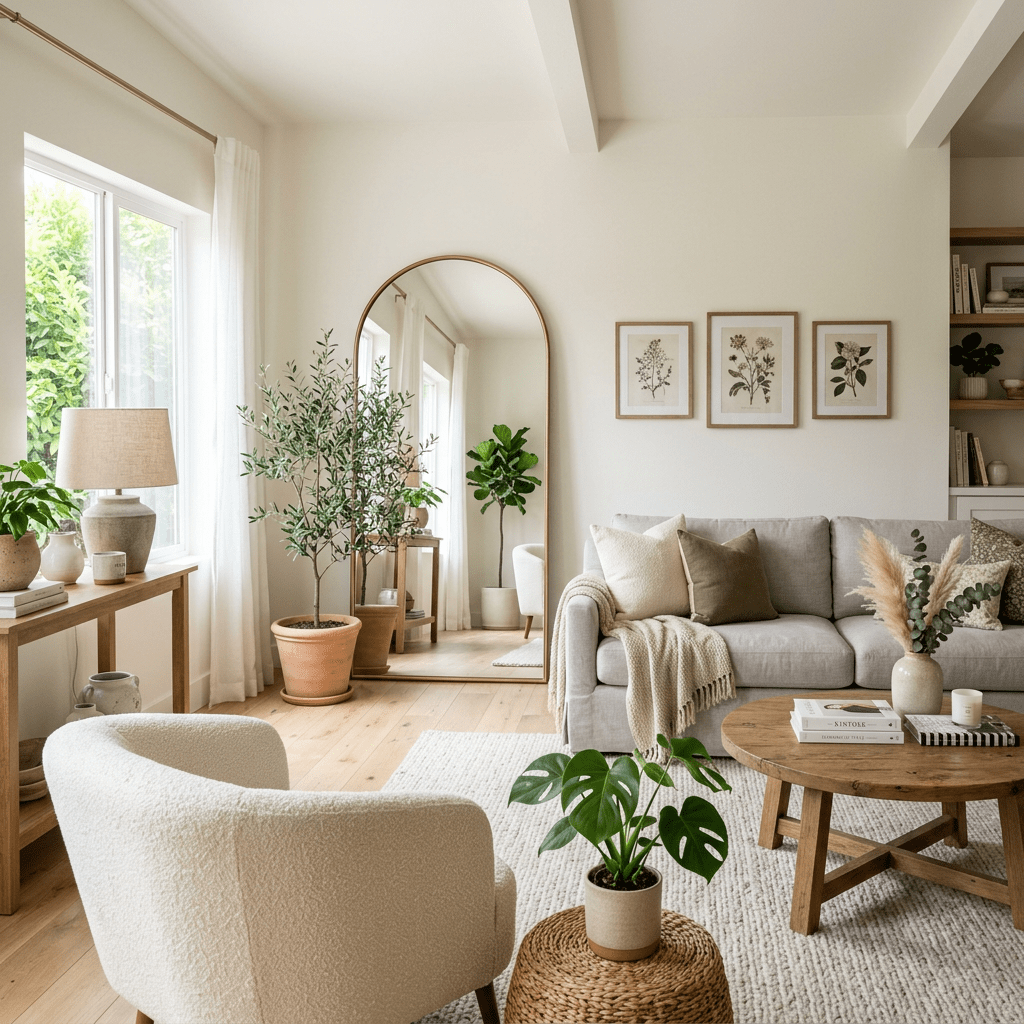Living room with beige sofa, armchair, round wooden coffee table, large mirror, and green houseplants