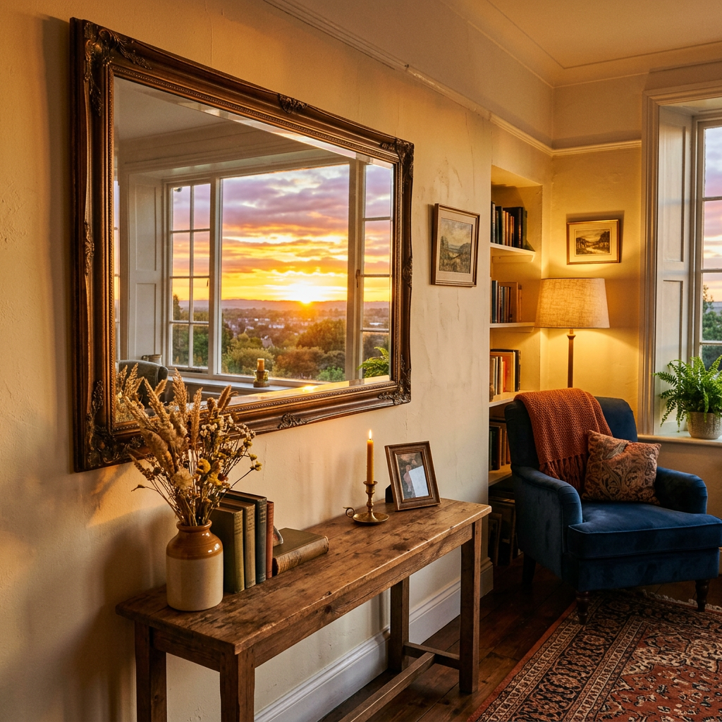Cozy reading corner with blue armchair, wooden table, candle, books, and sunset reflection in mirror