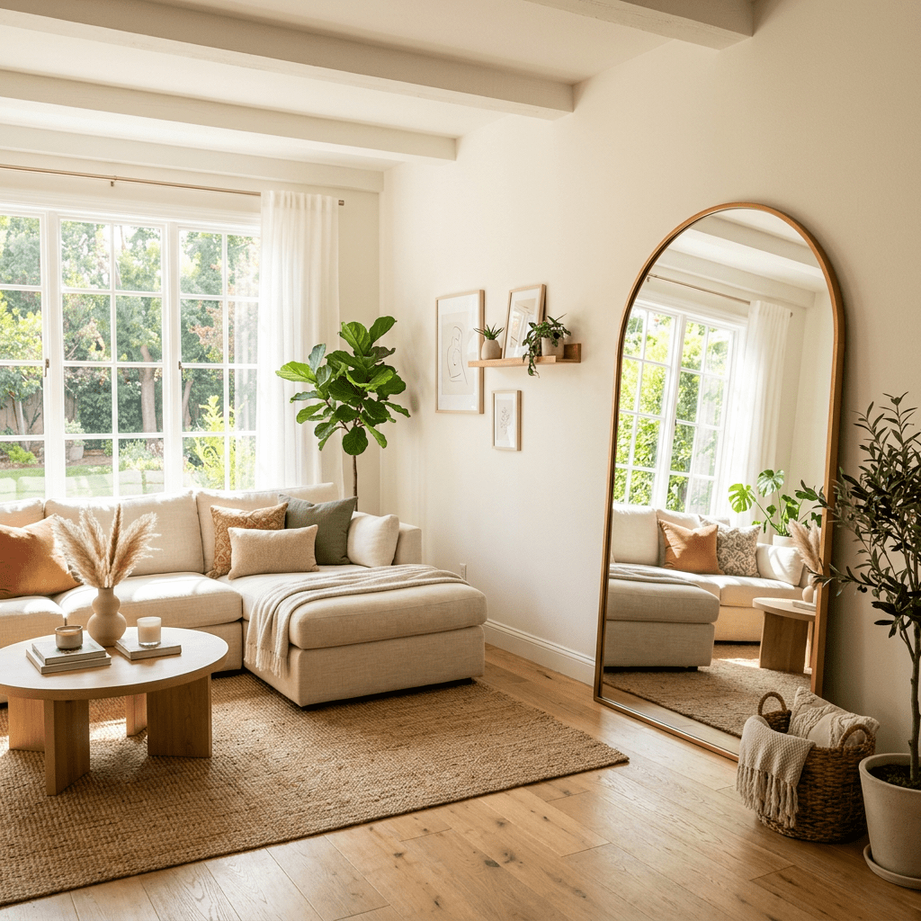 Bright living room with beige sectional sofa, wooden coffee table, plants, and large floor mirror