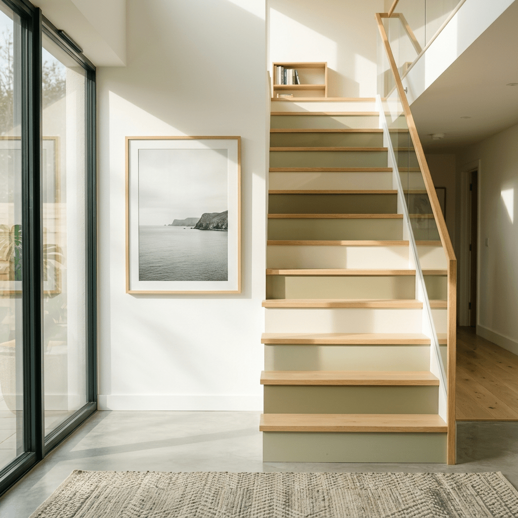 Indoor staircase with wooden steps, green risers, glass railing, and several potted houseplants