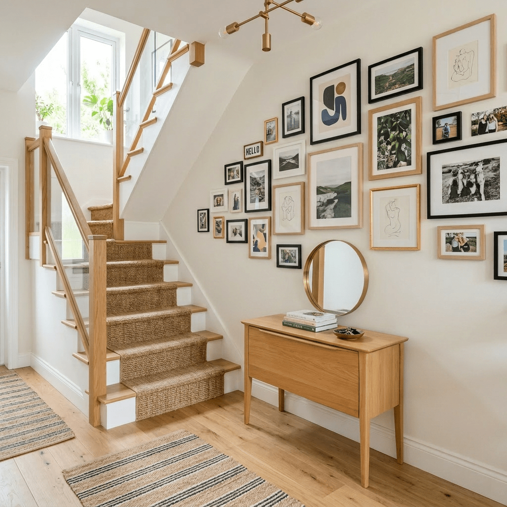 Hallway with wooden staircase, gallery of framed pictures, indoor plants, and console table