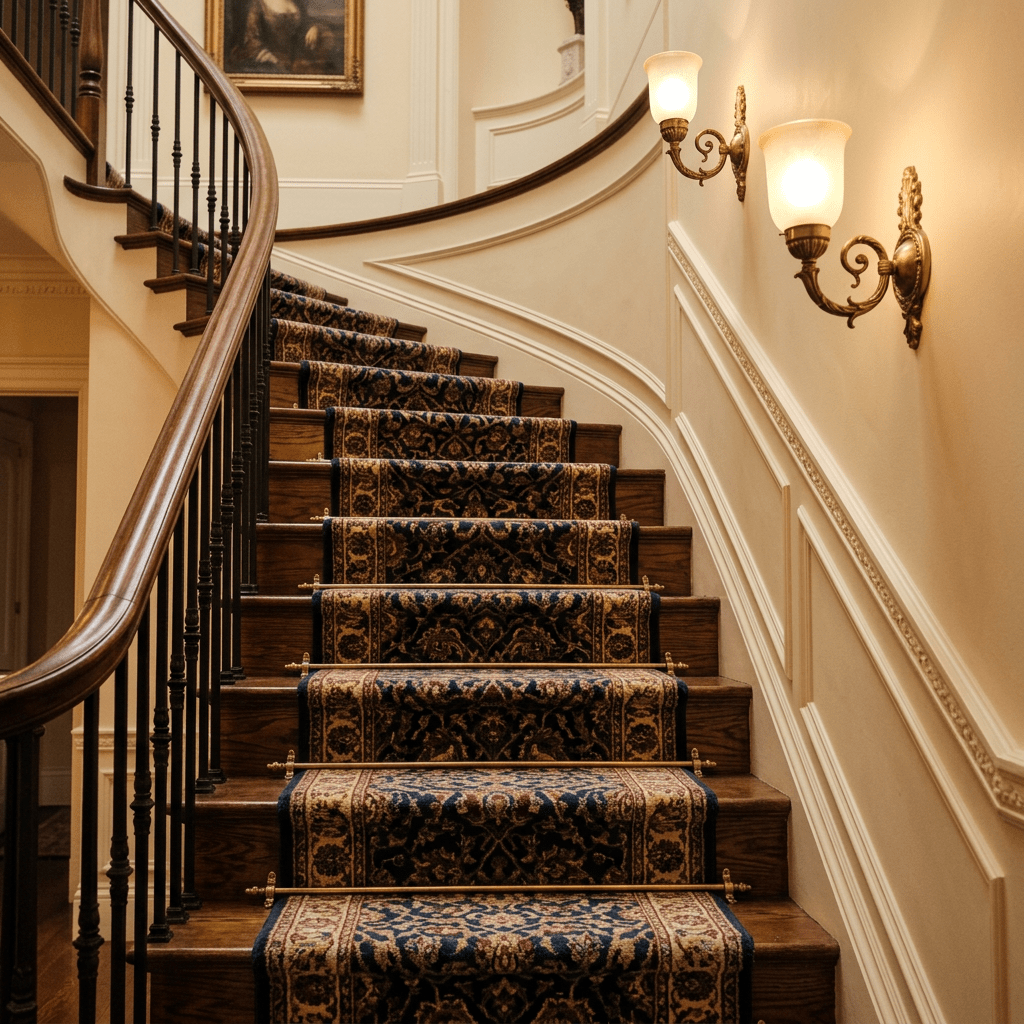 Curved wooden staircase with dark patterned carpet runner and ornate wall lights