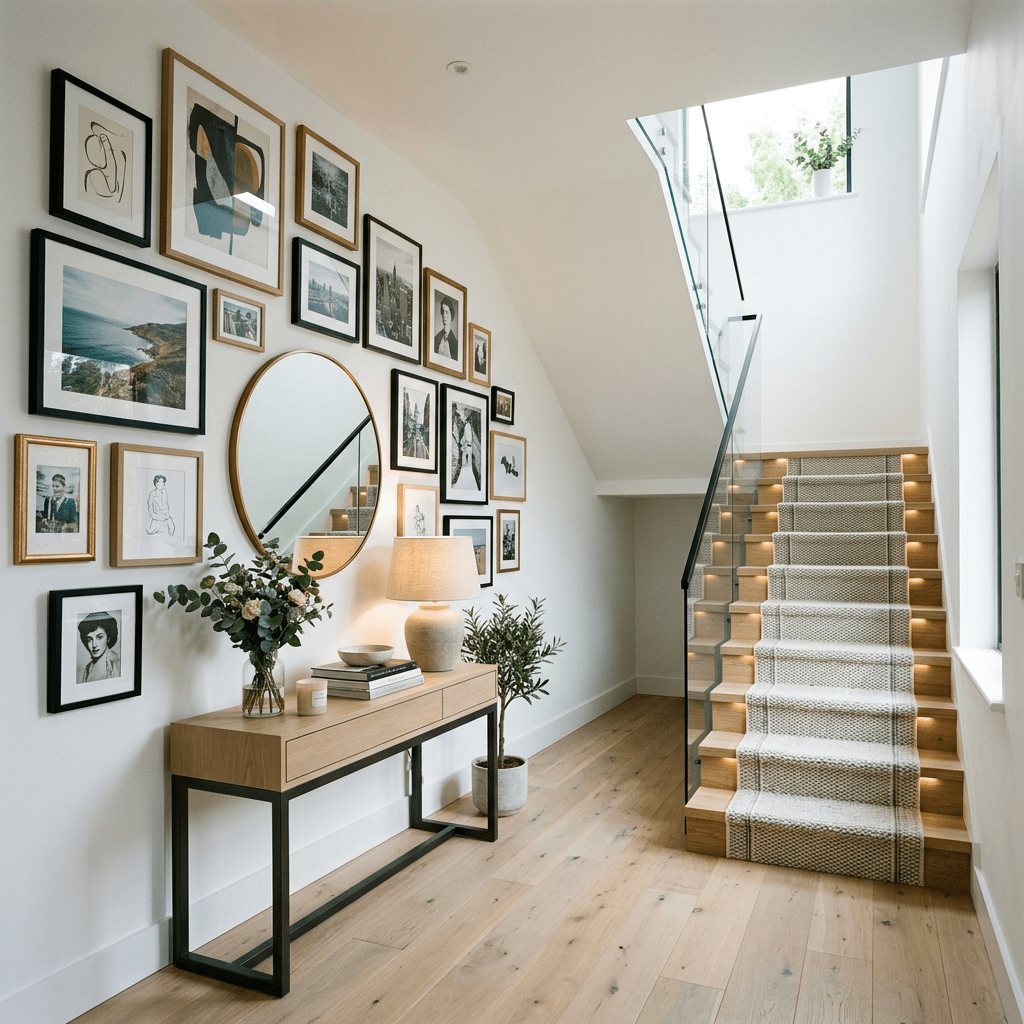 Bright modern staircase with gallery wall and console