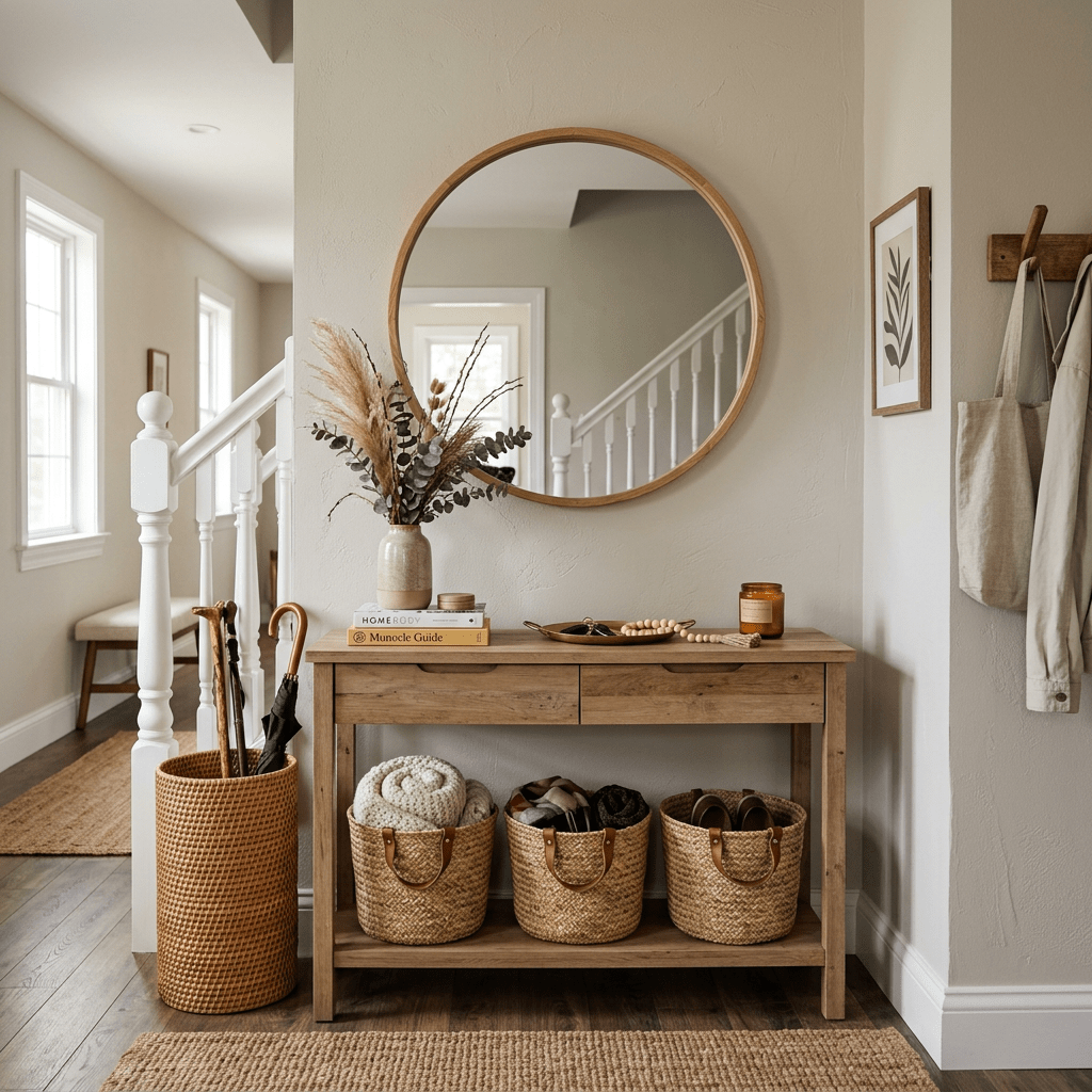 Wooden console table with three woven baskets, vase with dried flowers, round mirror, and umbrella stand