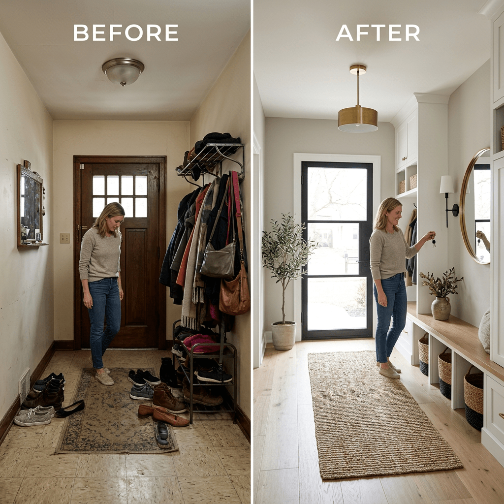 Split image showing a cluttered, dim entryway on left and a bright, organized entryway on right with a woman standing in each.
