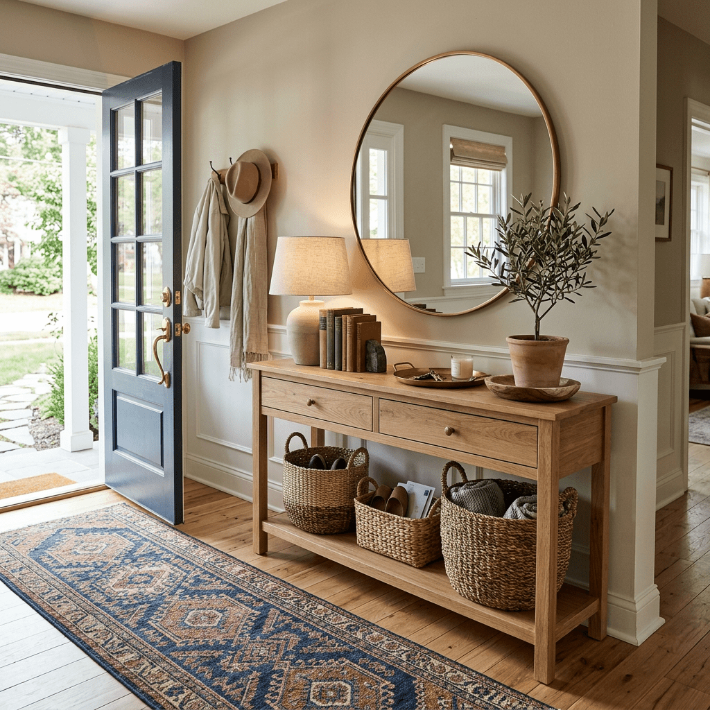 Entryway with wooden console table, round mirror, lamp, potted plant, and woven baskets