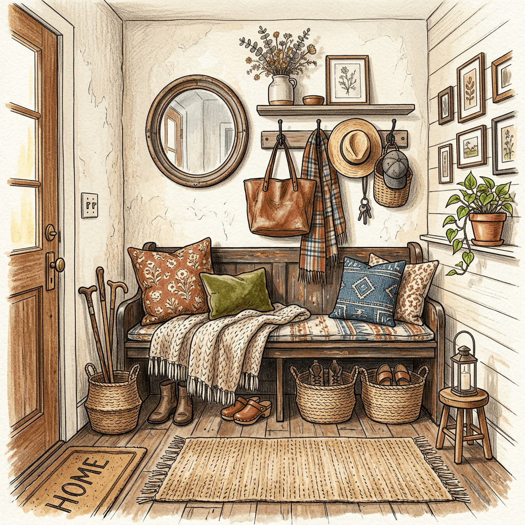Rustic entryway with wooden bench, pillows, hanging bags, hats, walking sticks, woven baskets, plant, and wall art