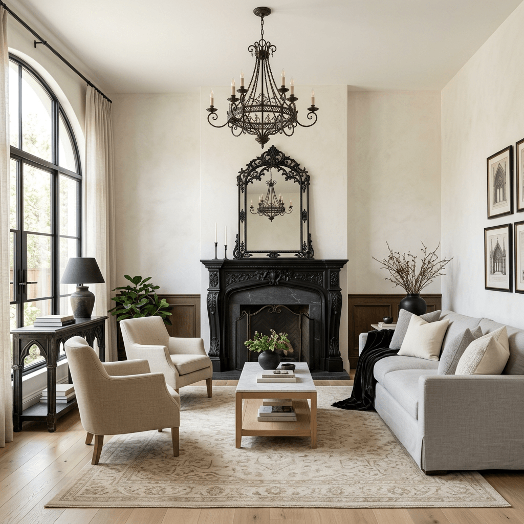 Living room with black ornate fireplace, mirror, chandelier, beige chairs, gray sofa, and large arched window