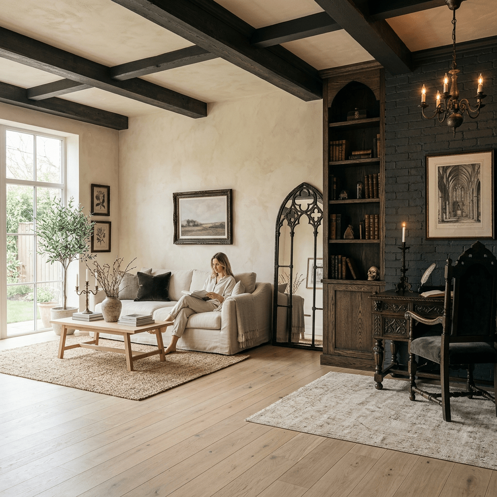 Single room blending neutral and gothic styles