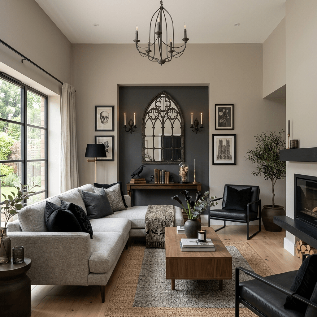 Modern living room with light gray sofa, black armchairs, fireplace, gothic-style mirror, and wall art