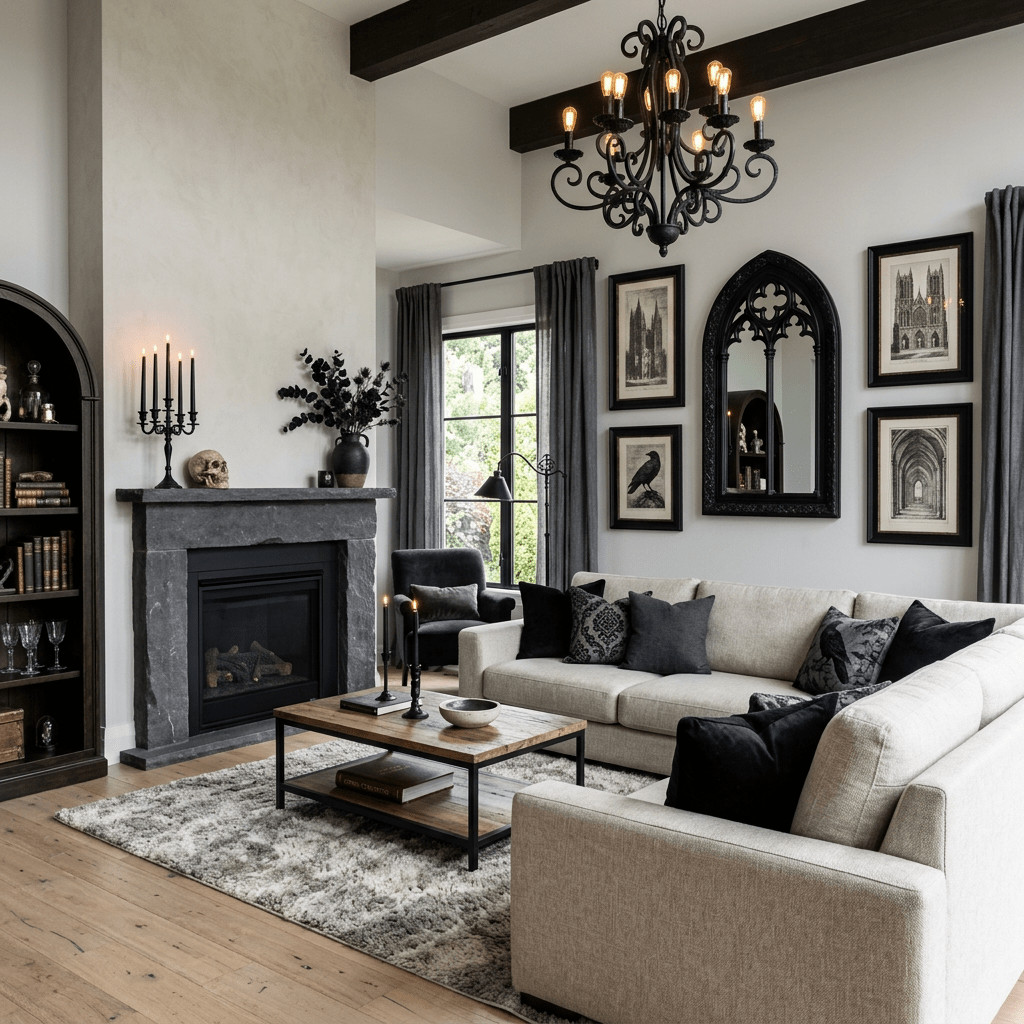Living room with beige sectional sofa, black chandelier, stone fireplace, Gothic mirror, framed cathedral art, and black decorative accents