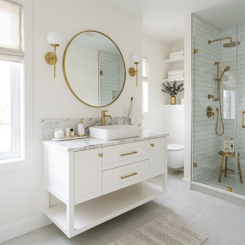 White bathroom with floating vanity, round mirror, and gold fixtures