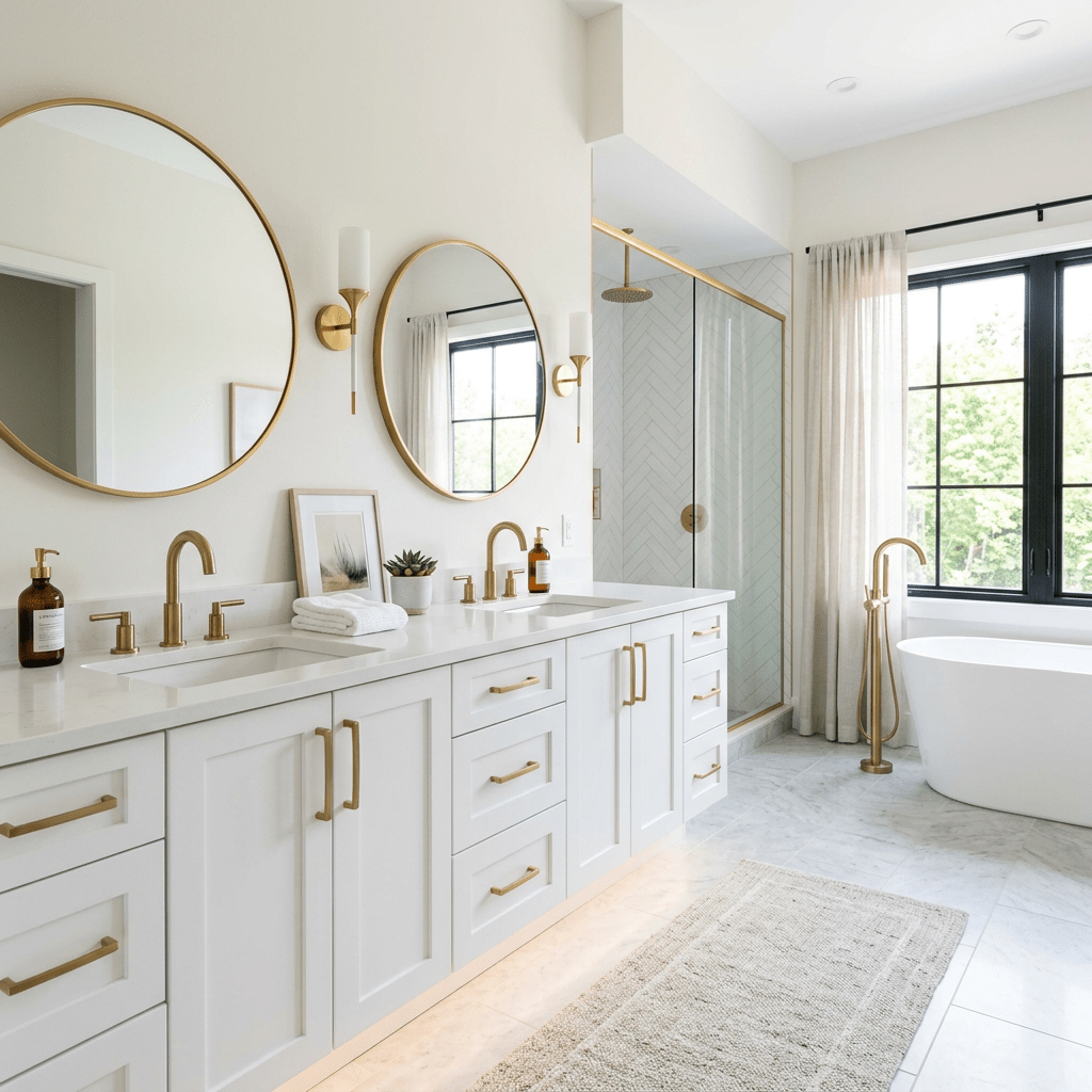 Bathroom with double vanity, gold faucets, round mirrors, glass shower, and freestanding bathtub