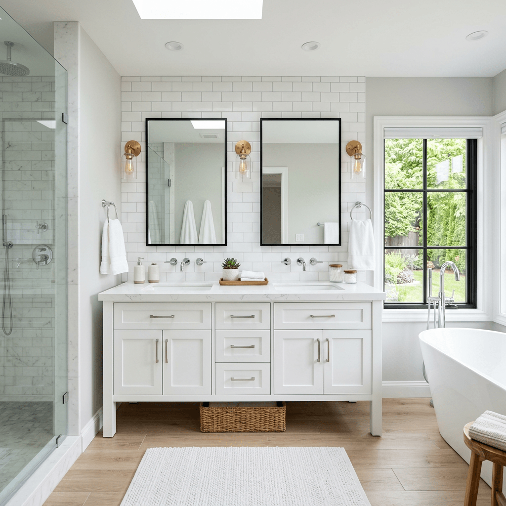 Double vanity with white cabinets, black-framed mirrors, and brass sconces
