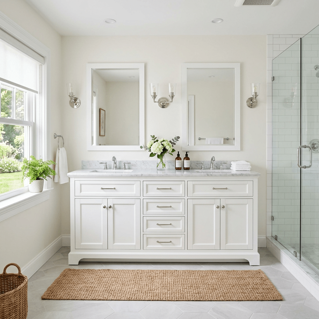 White double sink bathroom vanity with mirrors, flowers, towels, and glass shower