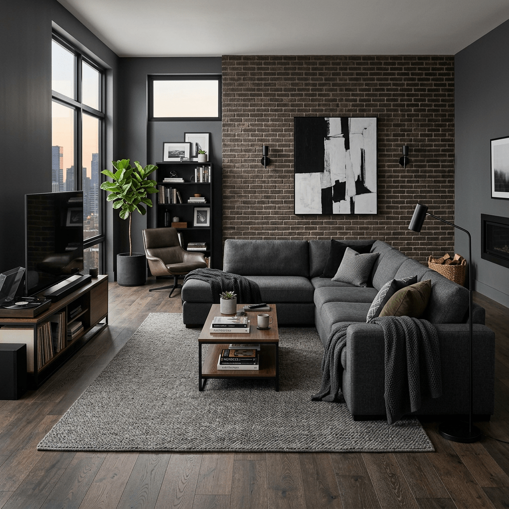 Modern living room with gray sectional sofa, brick accent wall, and large windows