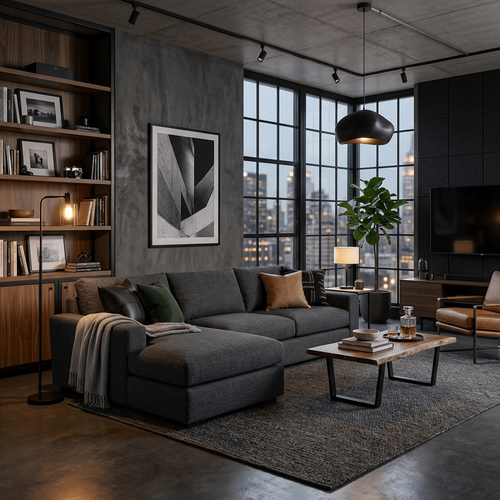 Industrial living room with gray sectional sofa, wooden shelves, black pendant light, and city view windows