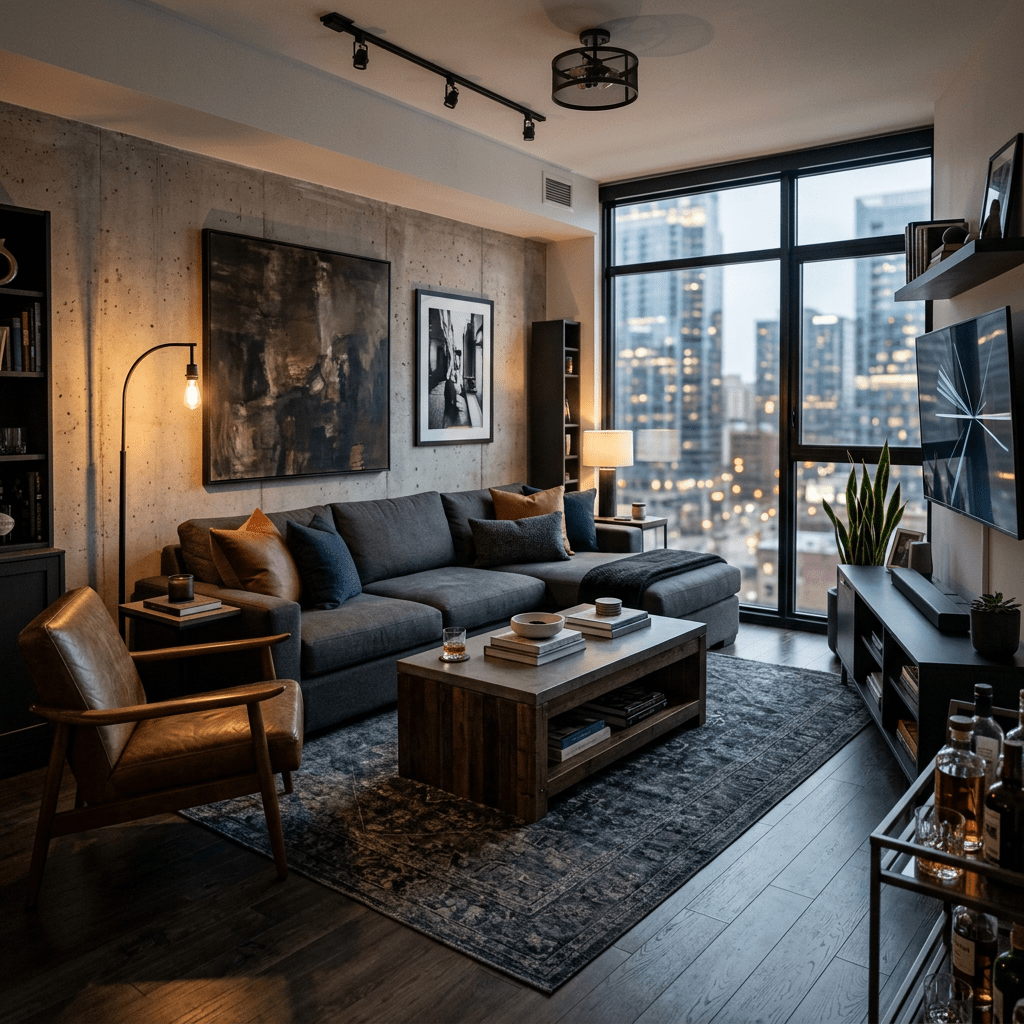 Contemporary living room with gray sectional sofa, leather chair, wooden coffee table, and large windows overlooking city