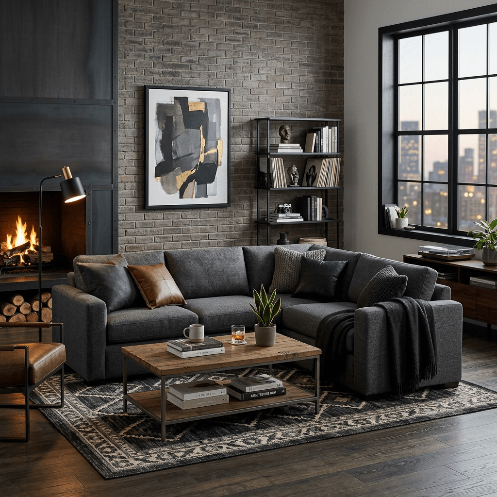 Living room with dark gray sectional sofa, fireplace, bookshelf, and large window with city view