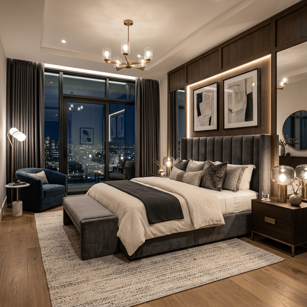 Modern bedroom with large bed, bedside tables, armchair, and city skyline visible through windows at night