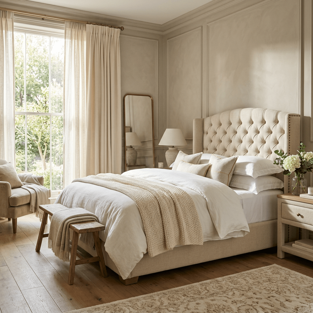 Bedroom with tufted headboard, beige bedding, wooden bench, and large window
