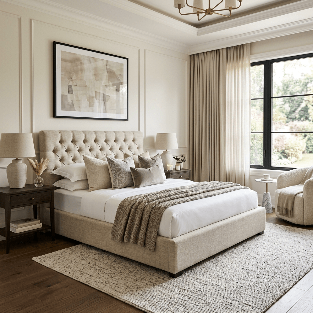 Neutral-toned bedroom with tufted headboard, layered pillows, two bedside tables with lamps, beige curtains, armchair, and large window