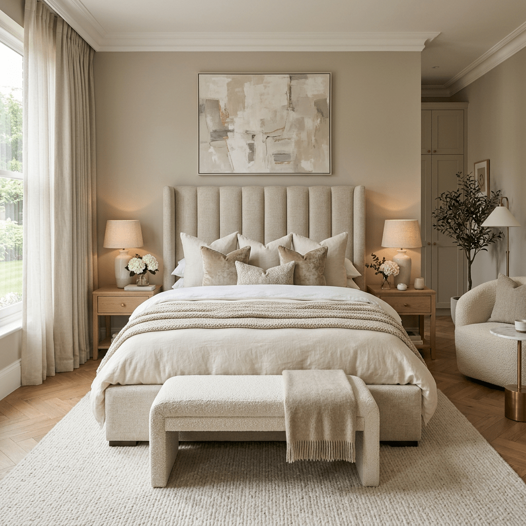 Elegant bedroom with upholstered bed, soft bedding, bedside tables with lamps, abstract art above, and a cushioned bench with throw