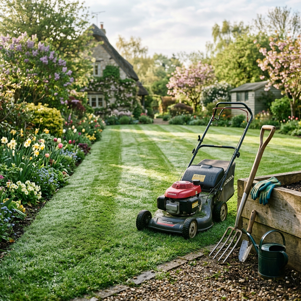 Lawn mower, garden fork, watering can, and gloves next to a trimmed garden lawn and cottage