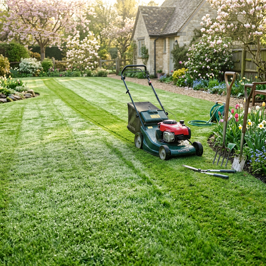 Lawn mower and gardening tools on freshly cut green lawn in a flowering garden