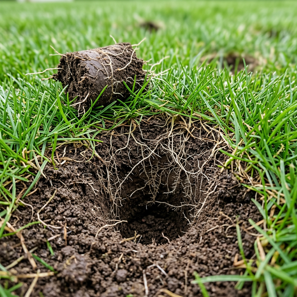 Rolled turf piece showing soil with grass roots and a hole in the ground