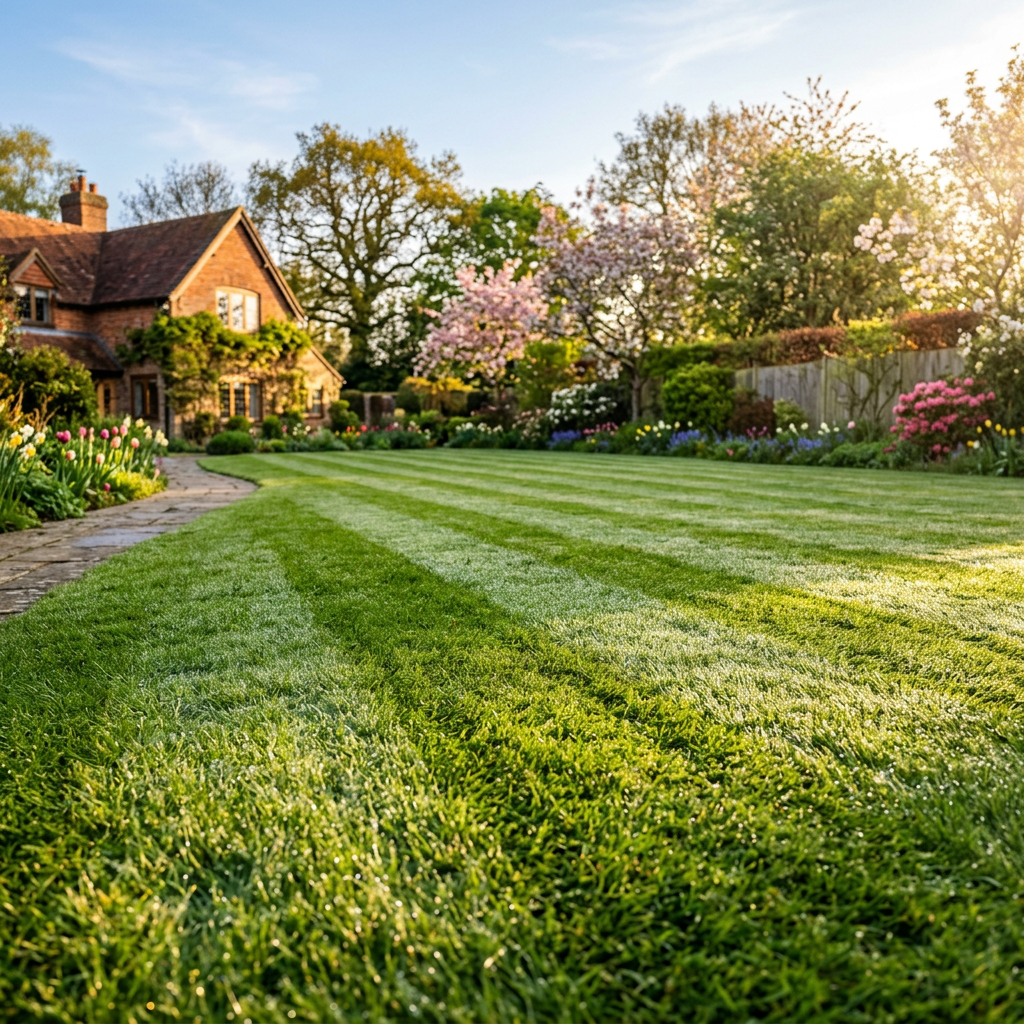 Striped green lawn with flowers and a brick house in background