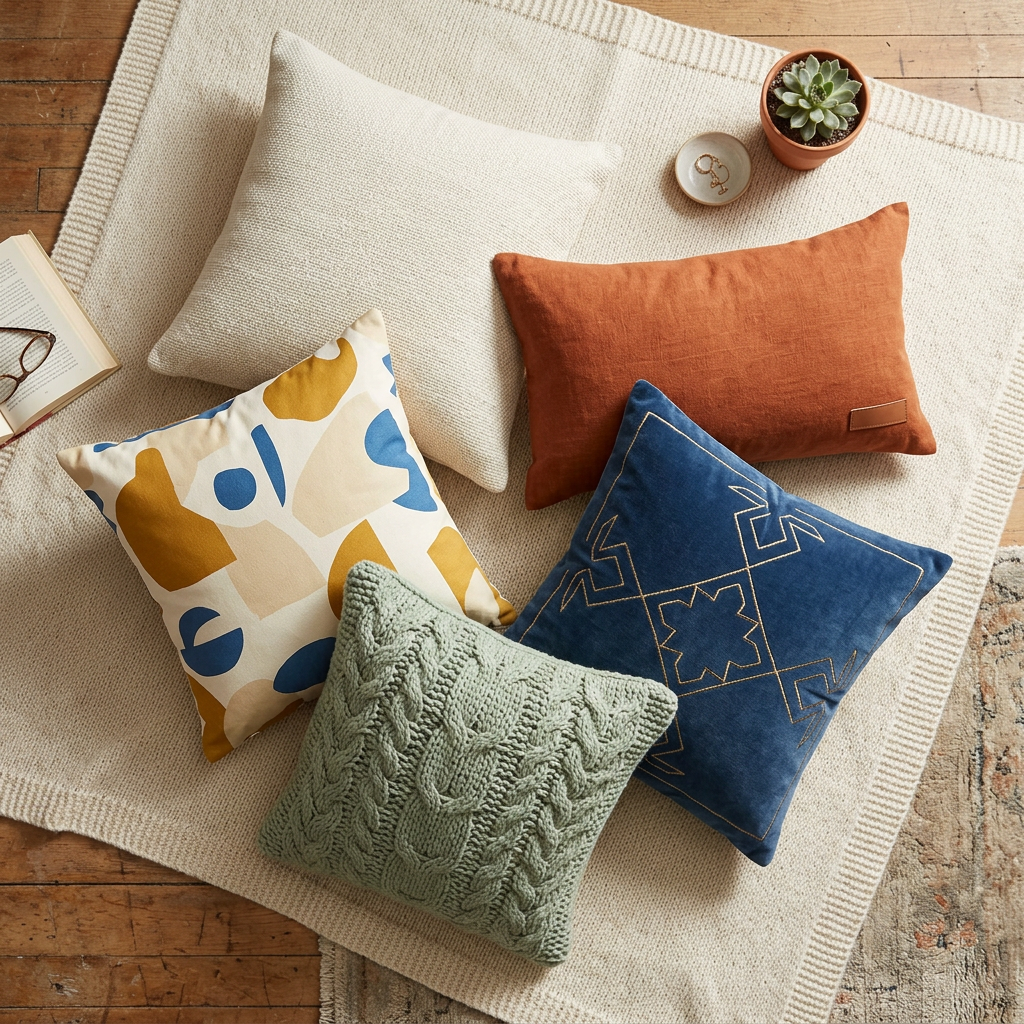 Five decorative pillows with different colors and textures on a cream rug