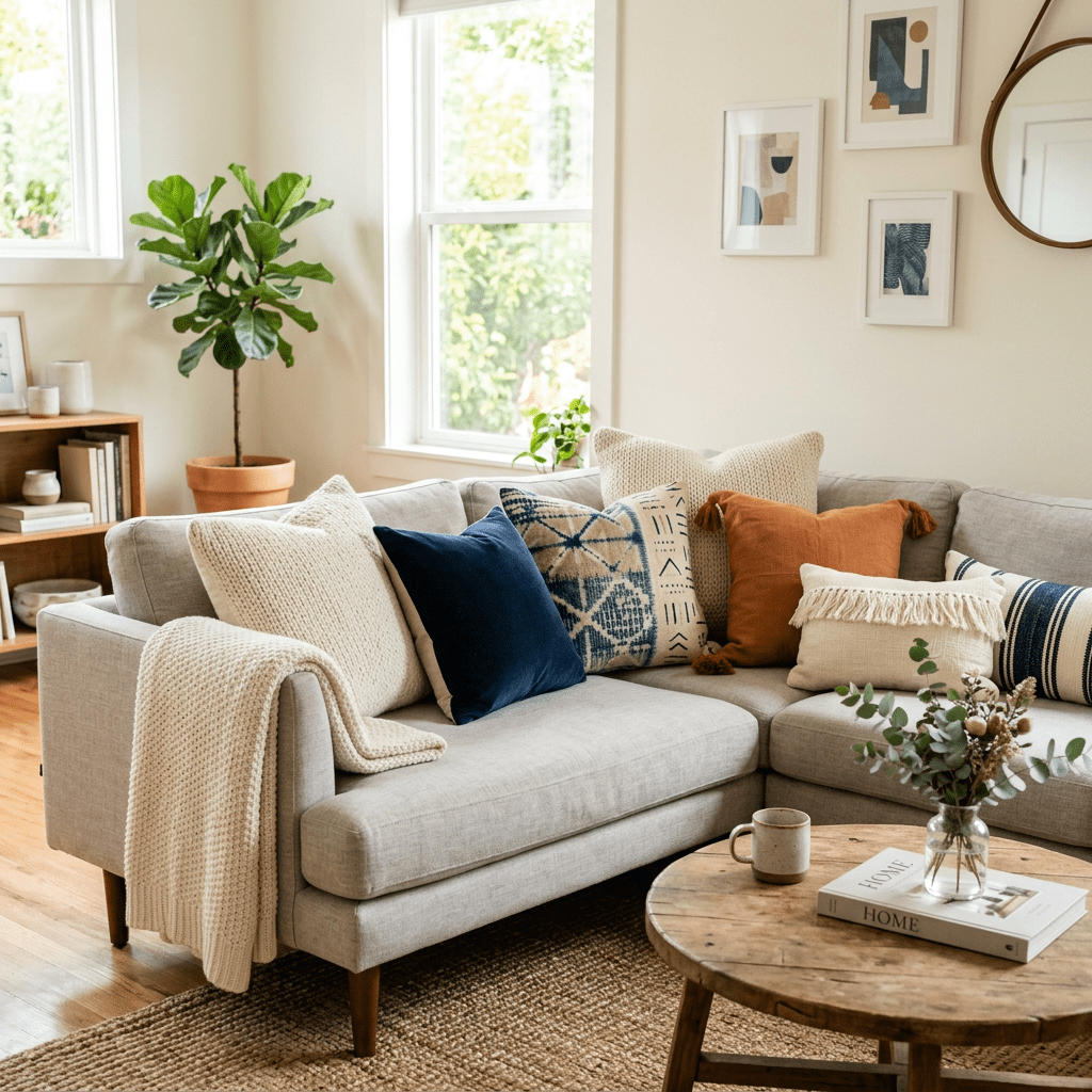 Light gray sectional sofa with mixed textured throw pillows and blanket in a bright living room with wooden coffee table