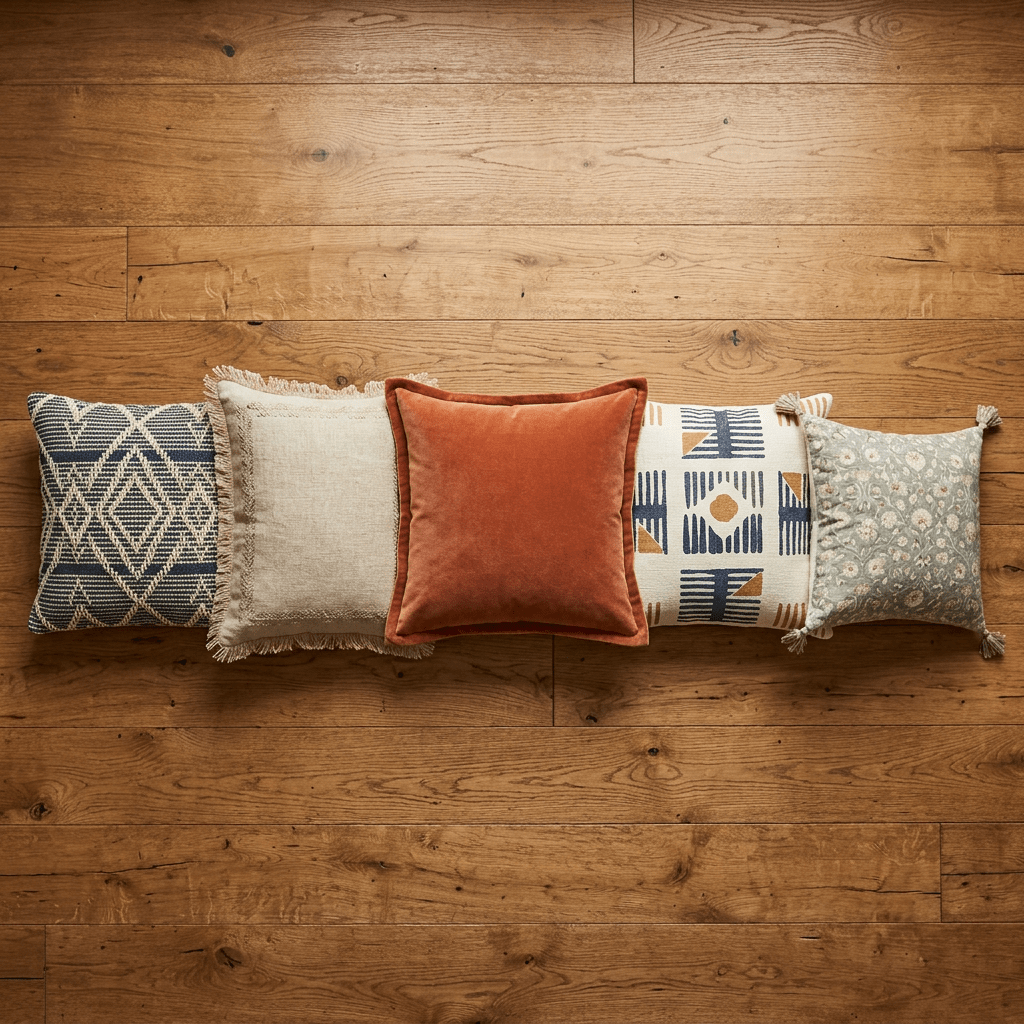 Five decorative pillows in different colors and patterns on wooden floor