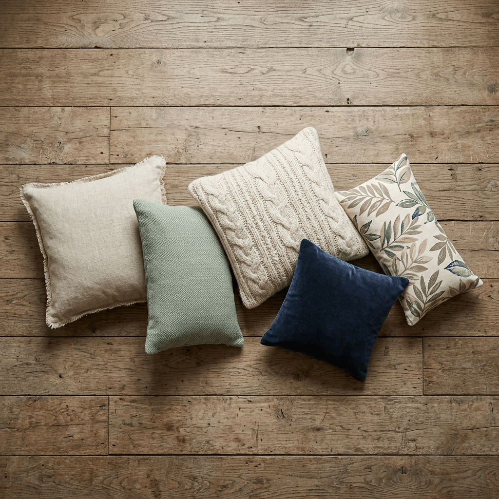 Five decorative cushions with different patterns and textures on wooden floor