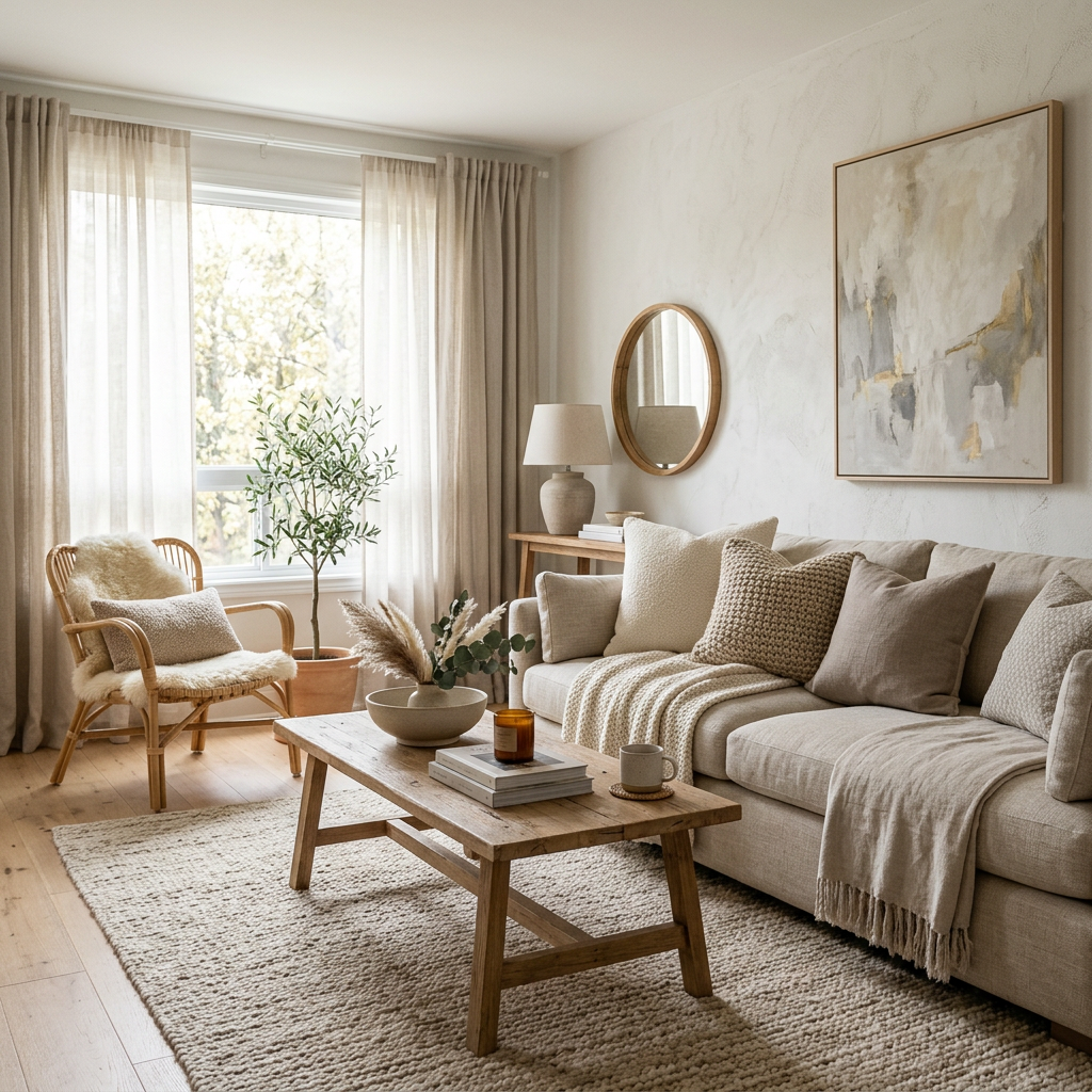 Living room with beige sofa, wooden coffee table, armchair, and large window with sheer curtains