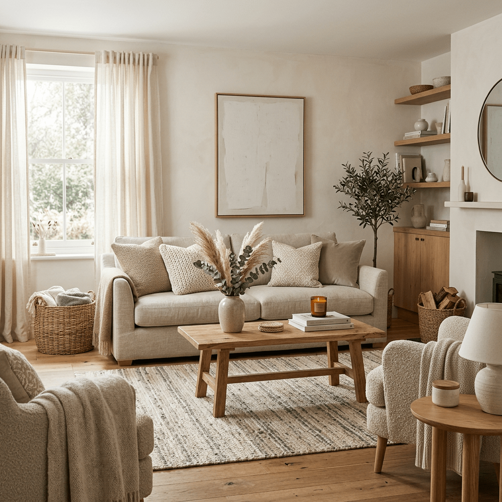 Living room with beige sofa, wooden coffee table, neutral cushions, armchairs, plants, and soft natural light