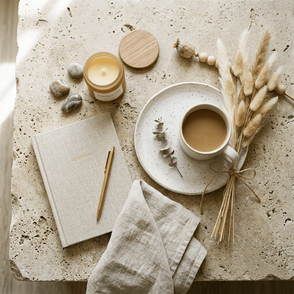 Journal with pen, lit candle, coffee cup on speckled plate, dried floral bouquet and stones on textured stone table