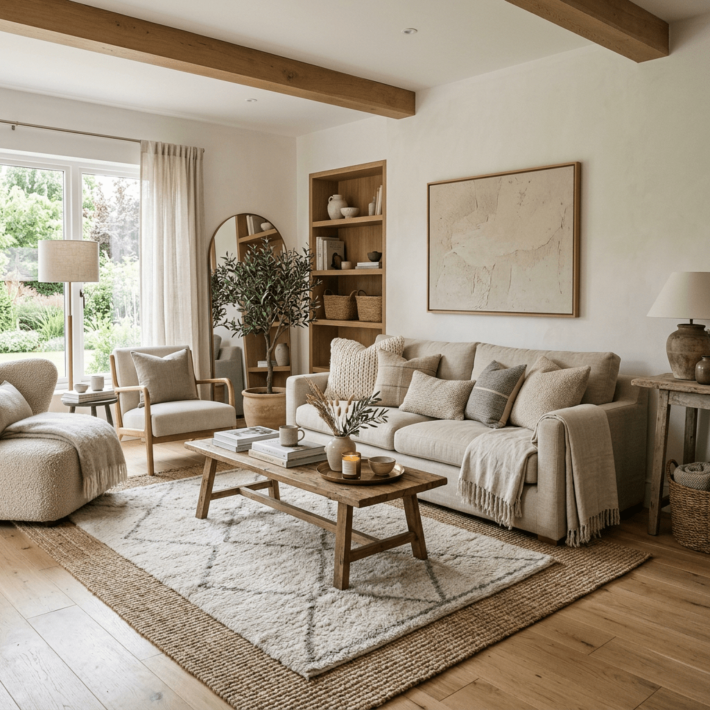 Living room with beige sofa, wooden coffee table, armchair, plants, and decorative items