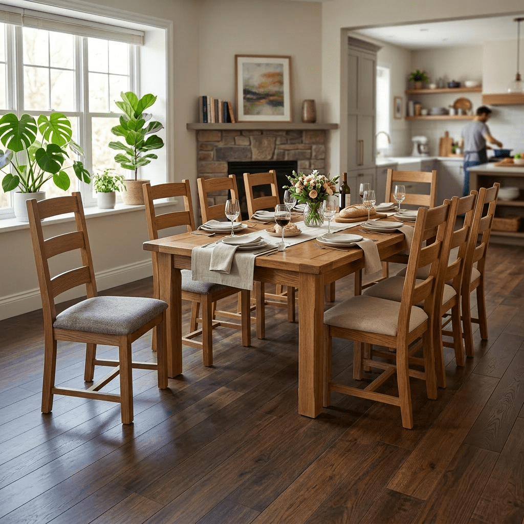 Dining area with wooden table and chairs overlaid by a detailed floor plan drawing