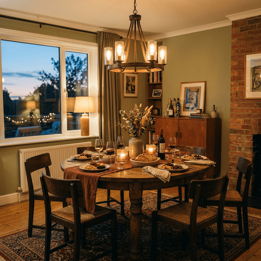Four friends sitting around a wooden table having dinner and drinking wine indoors